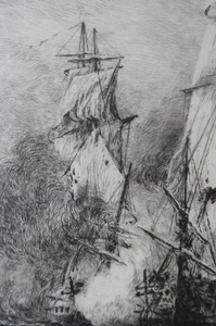 ORIGINAL ETCHING: William Lionel Wyllie (1851 – 1931) Battle of Trafalgar; c 1920. Pencil Signed