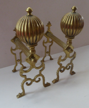 Load image into Gallery viewer, Aesthetic Movement Brass Fire Dogs or Antique Andirons with Large Ribbed Balls Finials
