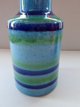 Load image into Gallery viewer, 1970s Vintage Italian BALDELLI POTTERY Vase with Turquoise, Emerald Green and Royal Blue Horizontal Stripes and Tall Chimney Shaped Neck
