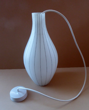 Load image into Gallery viewer, Mid-Century Design Classic. 1950s Skittle Shaped Glass Hanging Lampshade; possibly Danish. Opaque White Glass with Grey Stripes
