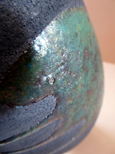 Load image into Gallery viewer, STUDIO POTTERY. Tall Vintage 1960s Vase. Matt Black Lava Glaze Turquoise Splashes: Impressed GS Mark. 11 inches
