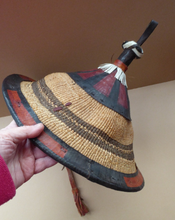 Load image into Gallery viewer, Vintage AFRICAN (Ghana) Woven Straw &amp; Leather FULANI Hat with Straps. Nice, clean condition
