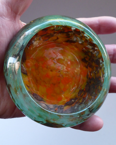 Wee SCOTTISH MONART GLASS Shallow Pin Dish. Mottled Orange, Blue-Green and Brown Glass with Gold Aventurine & Customary Raised Pontil Mark