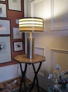 1960s Vintage Table Lamp with Tubular Gold Tone Metal Cylindrical Body and Original Metallic Stripes Drum Shade