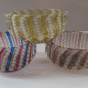 Venetian / Salviati Murano Glass Latticino Zanfirico Glass Finger Bowl with Clear Glass Cherub Prunts