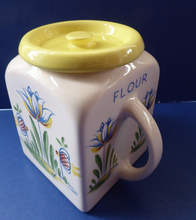 Load image into Gallery viewer, 1950s BRISTOL POTTERY Kitchen Canister or Storage Jar. Vintage Old Delft Tulip Design with Carrying Handle. FLOUR
