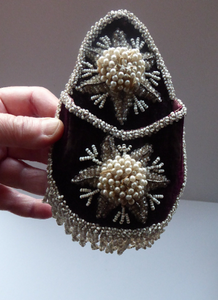 1880s VICTORIAN PAIR of Beaded Wall Pockets. Black Cloth with Faux Pearl and Beadwork Decorations