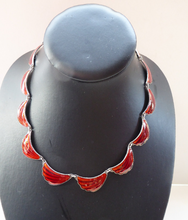 Load image into Gallery viewer, 1950s NORWEGIAN Guilloche Enamel and Silver Necklace by Elvik &amp; Co. with 12 Red Shell Shaped Links
