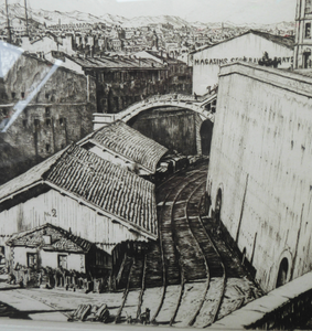 SCOTTISH Art. Original Etching / Drypoint by MUIRHEAD BONE (1876-1953). Railway Sheds, Marseilles; 1937. Pencil Signed