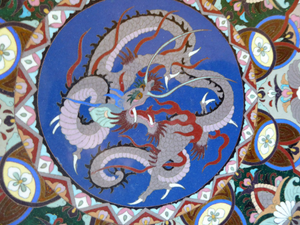 Antique Cloisonne Charger. Late 19th Century Large Size, over 14 inches: Decorated with a Swirling Dragon and Intricate Decorative Border