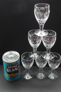 Pretty Set of Six STUART CRYSTAL ELGIN Pattern Sherry or Liqueur Glasses. With Engraved Foliage Design. Signed