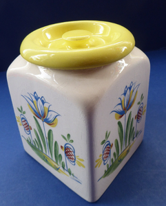 1950s BRISTOL POTTERY Kitchen Canister or Storage Jar. Vintage Old Delft Tulip Design with Carrying Handle. COFFEE