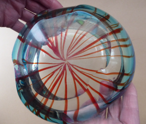 Unusual Chunky Blue Glass Bowl with Flat Polished Pontil Base - with Red Stripes from the Centre. Probably Italian, Murano