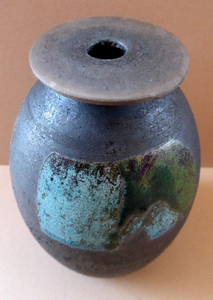STUDIO POTTERY. Vintage 1960s Vase. Matt Black Lava Glaze & Blue and Green Lustre Squares: GS Mark
