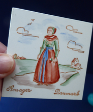 Load image into Gallery viewer, Vintage DANISH Miniature Ceramic Tiles. Folk Art Images of Ladies Working. Each Wears a Regional Costume
