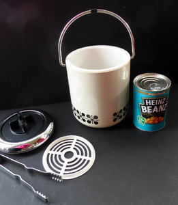Vintage 1960s JAPANESE White Enamel Ice Bucket with Atomic Design. Original plastic drip tray and chrome tongs
