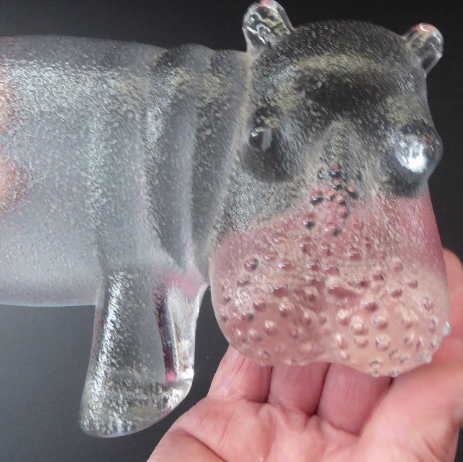 1970s KOSTA BODA Glass Hippopotamus. Larger Size; Designed by Bertil Vallien. 8 1/2 inches wide