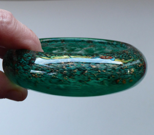 Pretty SCOTTISH MONART GLASS Shallow Pin Dish. Mottled Pale Blue and Green Glass with Gold Aventurine & Customary Raised Pontil Mark