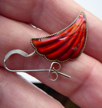 Load image into Gallery viewer, 1950s NORWEGIAN Guilloche Enamel and Silver Drop Earrings by Elvik &amp; Co. Red Shell Shaped for Pierced Ears with Silver Hooks
