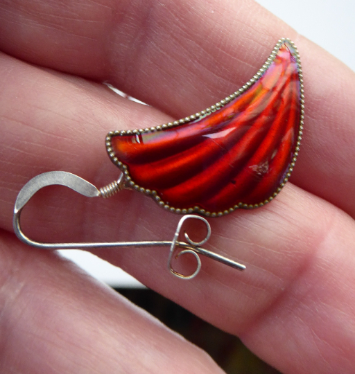 1950s NORWEGIAN Guilloche Enamel and Silver Drop Earrings by Elvik & Co. Red Shell Shaped for Pierced Ears with Silver Hooks