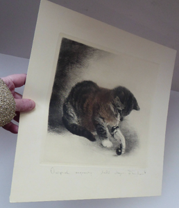 Pencil Signed Etching by Kurt Meyer-Eberhardt Kitten Playing with a Ball