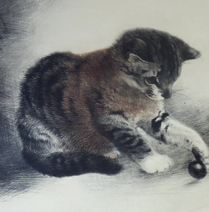 Pencil Signed Etching by Kurt Meyer-Eberhardt Kitten Playing with a Ball