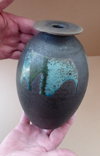 Load image into Gallery viewer, STUDIO POTTERY. Vintage 1960s Vase. Matt Black Lava Glaze &amp; Blue and Green Lustre Squares: GS Mark

