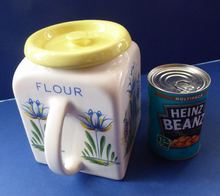 Load image into Gallery viewer, 1950s BRISTOL POTTERY Kitchen Canister or Storage Jar. Vintage Old Delft Tulip Design with Carrying Handle. FLOUR
