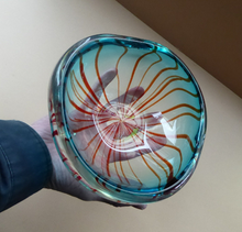 Load image into Gallery viewer, Unusual Chunky Blue Glass Bowl with Flat Polished Pontil Base - with Red Stripes from the Centre. Probably Italian, Murano
