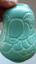 Load image into Gallery viewer, 1930s CROWN DUCAL Byztantine or Danube Vase. Shaped 155. Matt Aqua Green Glaze with Sgraffito Floral Decorations
