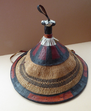 Load image into Gallery viewer, Vintage AFRICAN (Ghana) Woven Straw &amp; Leather FULANI Hat with Straps. Nice, clean condition
