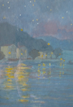 Load image into Gallery viewer, SCOTTISH ART. Pretty 1990s Vintage Watercolour by Irene HALLIDAY. Night Waters at Symi in Greece
