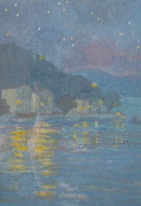 SCOTTISH ART. Pretty 1990s Vintage Watercolour by Irene HALLIDAY. Night Waters at Symi in Greece