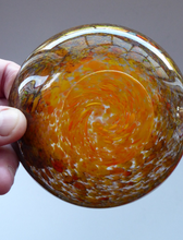 Load image into Gallery viewer, Wee SCOTTISH MONART GLASS Shallow Pin Dish. Mottled Orange, Red, Yellow and Brown Glass with Gold Aventurine &amp; Customary Raised Pontil Mark
