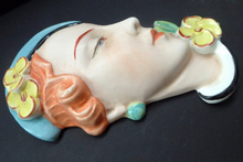 Load image into Gallery viewer, ART DECO Royal Dux, Czechoslovakia Wall Mask. 1930s Lady with Stylish Flapper Hat and Yellow Flower on her Lapel
