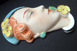 ART DECO Royal Dux, Czechoslovakia Wall Mask. 1930s Lady with Stylish Flapper Hat and Yellow Flower on her Lapel