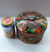 Load image into Gallery viewer, Large Circular VINTAGE Gray Dunn Biscuit Tin, with Japanese / Art Nouveau Decorations. Aesthetic Movement Colours
