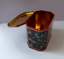 Load image into Gallery viewer, Vintage 1950s SCOTTISH Biscuit Tin for William Crawford. Stylish Mid Century Image with Stylised Chinese Motifs
