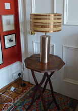 Load image into Gallery viewer, 1960s Vintage Table Lamp with Tubular Gold Tone Metal Cylindrical Body and Original Metallic Stripes Drum Shade
