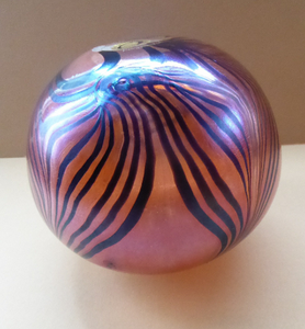 JOHN DITCHFIELD GLASFORM Globular Vase. Pink with Gold Lustre and Feathered Stripe Trails. Signed and with Paper Label