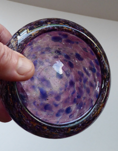 Pretty SCOTTISH MONART GLASS Shallow Pin Dish. Mottled Lilac and Purple Glass with Gold Aventurine & Customary Raised Pontil Mark