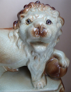 LARGE PAIR of ANTIQUE Staffordshire Style Medici Lions with front paw on ball. 14 inches in length