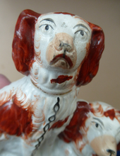 Load image into Gallery viewer, Antique Staffordshire King Charles Spaniel Dogs Sitting on Top of a Barrel. Genuine Victorian Figurine
