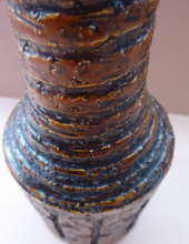 Load image into Gallery viewer, NORWEGIAN AWF (Arnold Wiigs Fabrikker) Pottery Vase with Long Neck and Finger Loop. Incised Decoration and Green Glossy Glaze Inside
