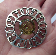 Load image into Gallery viewer, SCOTTISH SILVER Brooch. Stylish 1970s Celtic Design with Large Central Citrine
