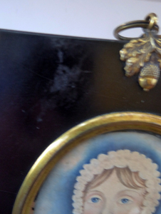 ANTIQUE Portrait Miniature of a Young Lady. Watercolour Study in Antique Black Wooden Frame with Acorn Hanging Ring; c 1830s