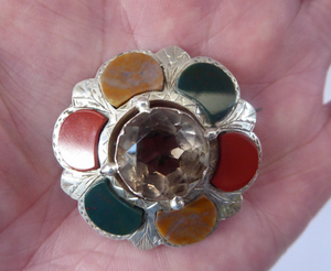 SCOTTISH SILVER: Victorian Agate & Old Silver Brooch with Large Central Citrine Stone