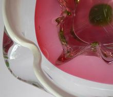 Load image into Gallery viewer, Josef HOSPODKA / Chribska; Czechoslovakia. Vintage 1960s Bowl with Green and Cranberry Colours Cased in Clear - with white rim
