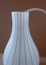 Load image into Gallery viewer, Mid-Century Design Classic. 1950s Skittle Shaped Glass Hanging Lampshade; possibly Danish. Opaque White Glass with Grey Stripes
