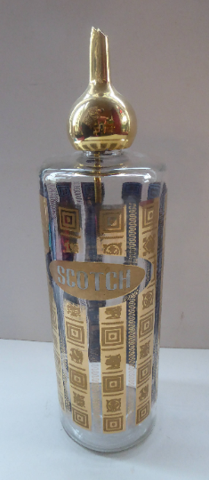 1960s Glass SCOTCH Whisky Decanter. With Bulbous Gold Tone Pourer and Geometric Mirrored Gold Decorations